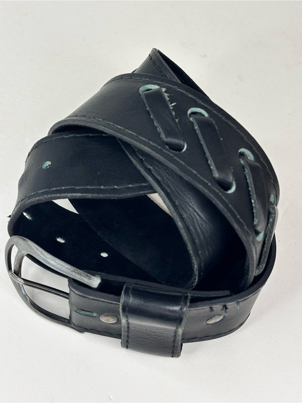 Vintage Black‎ Leather 80’s / 90’s  Biker Moto Punk Woven Detail Belt Unisex M/L - Picture 6 of 14